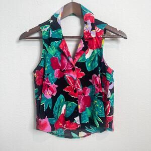 90s Vintage Floral Button Front Blouse Collared Sleeveless Rayon Women Medium